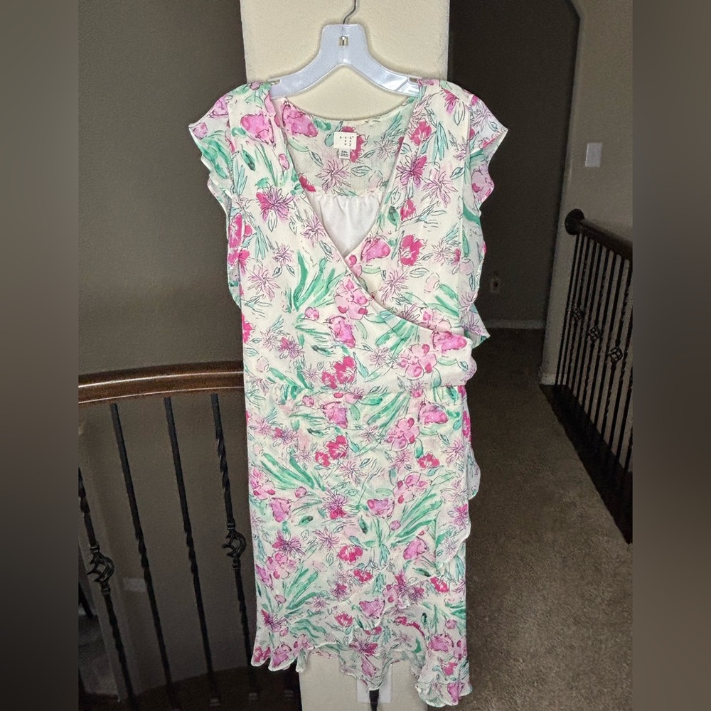 A New Day Asymmetrical Floral Dress Pink and Green Size XXL Flowy Spring Flower